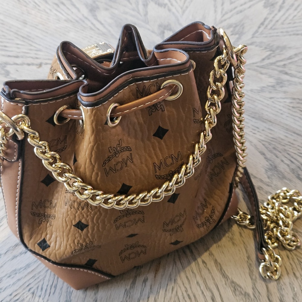 MCM Soft Berlin Visetos Monogram Drawstring Leather Bucket Bag Crossbody‎ Mini - Picture 3 of 14
